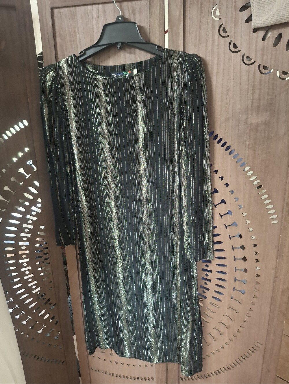 VTG 80s Nancy Bracoloni Shangri-La Metallic Gold Stripe Dress S M ILGWU